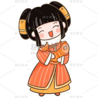 新年手绘人物插画-小女孩鲤鱼