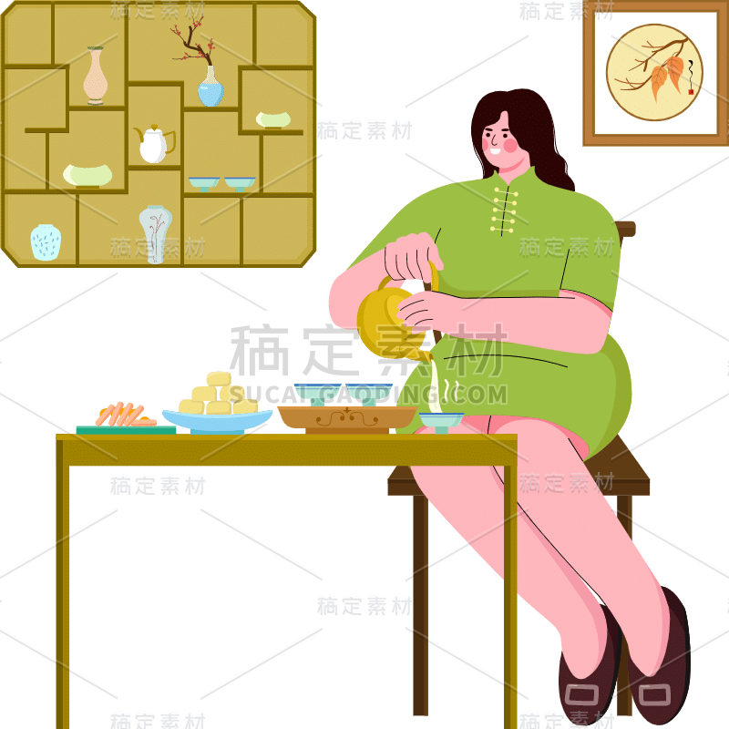 扁平-套系人物场景插画-SVG-倒茶