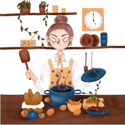 手绘-卡通风人物插画-厨房