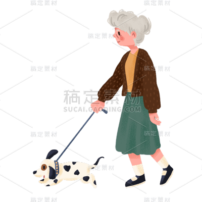 手绘-老人运动元素-遛狗