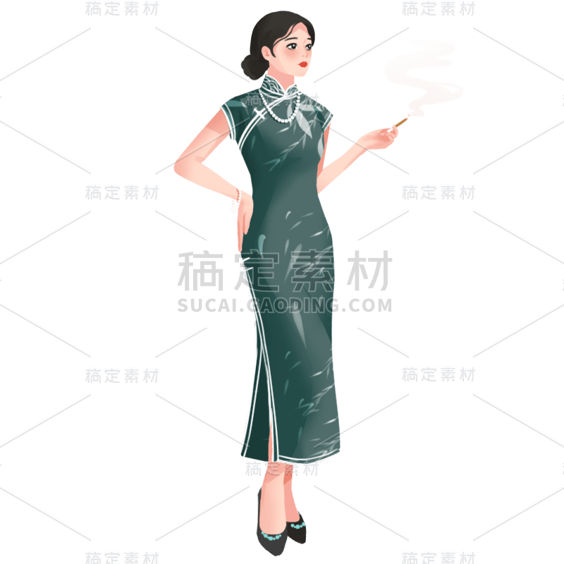 手绘-旗袍女人民国人物插画贴纸8