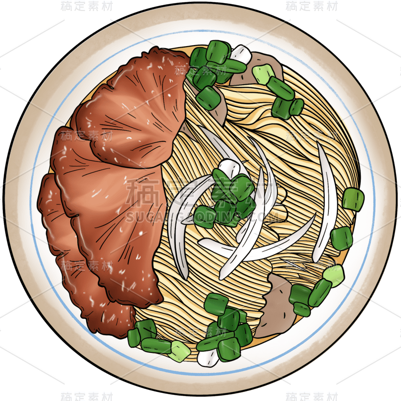 手绘-复古香港美食元素-牛肉面