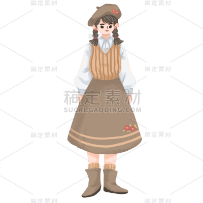手绘-森系穿搭少女人物插画贴纸2