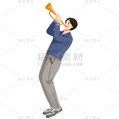 手绘-演奏音乐人物元素-吹号角