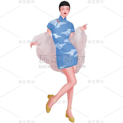 手绘-民国风旗袍女性人物贴纸人2