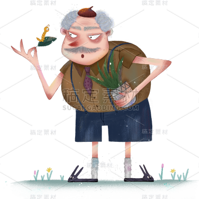 手绘-老人元素人物插画8