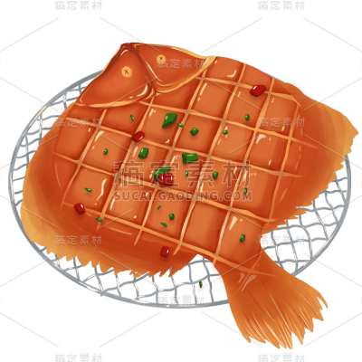 手绘-烧烤美食元素贴纸-烤鱼1