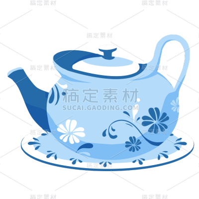 手绘-蓝白茶壶元素家居生活贴纸7