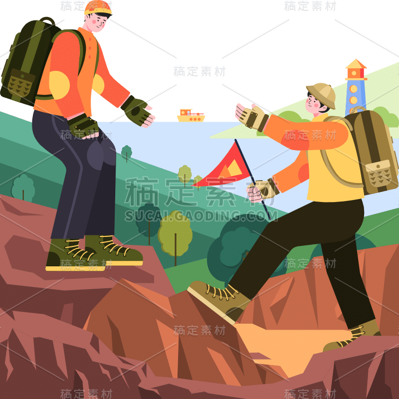 手绘-体育运动扁平插画SVG-登山