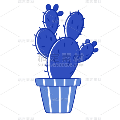 手绘-流行色元素-蓝色-仙人掌