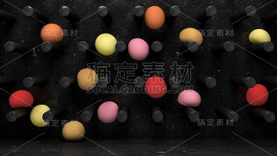 黑色大理石墙壁，彩色软球下落。抽象插图，3d渲染。
