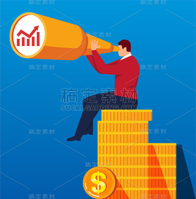 商人拿着望远镜坐在一堆金币上遥望远方