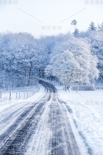 雪景与乡村道路通往森林的背景