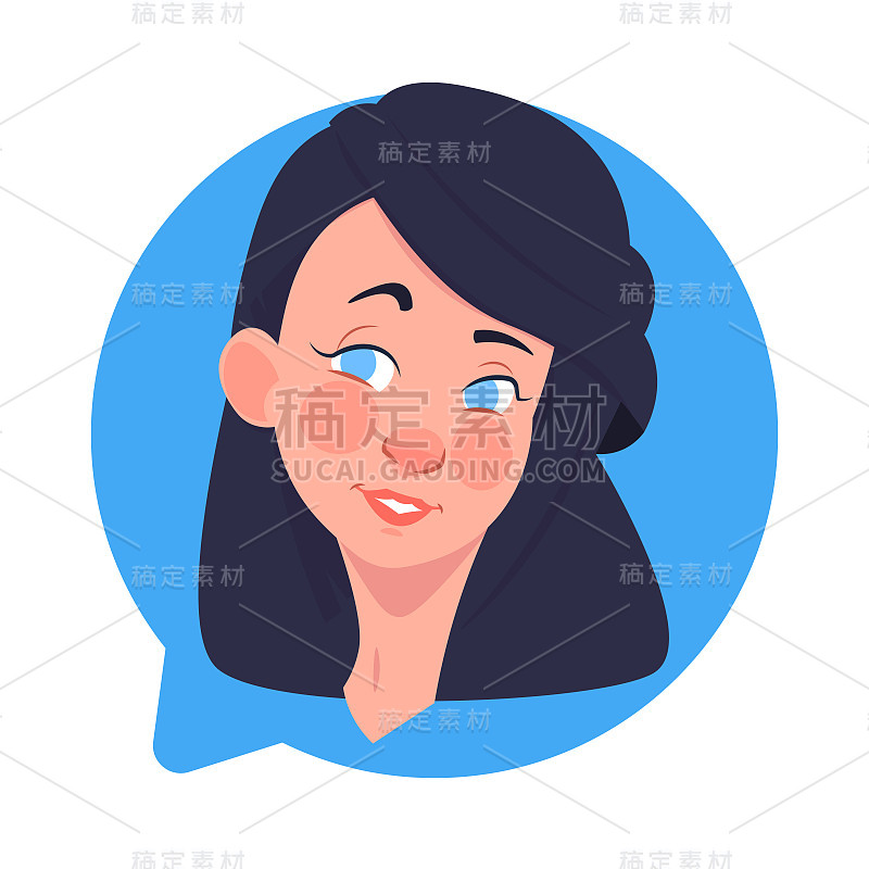 简介图标女性头在聊天泡沫孤立，白种人女性头像卡通人物肖像