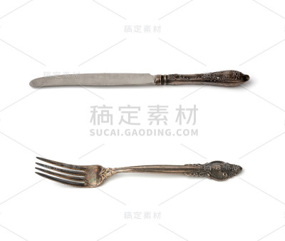 金属表古董刀和叉孤立在白色背景