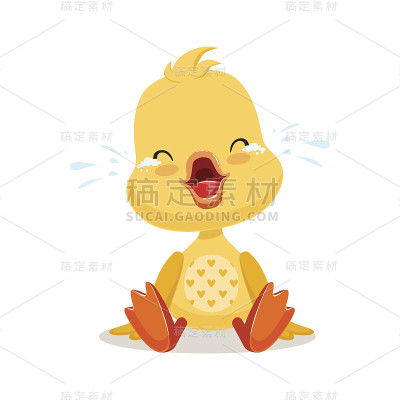 小卡通小鸭在哭，可爱的表情符号矢量插画