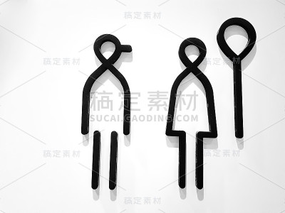 白色墙上的黑色厕所符号代表男女