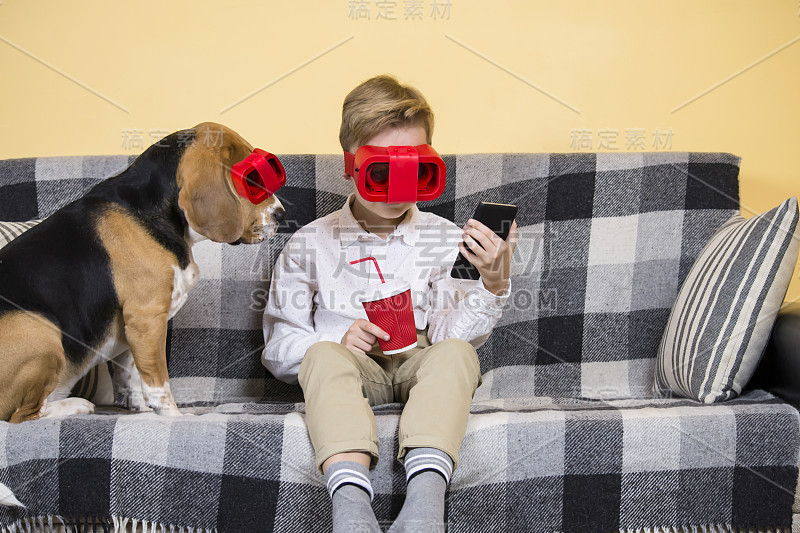 戴着虚拟现实眼镜的男孩和一只有趣的小猎犬