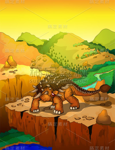 可爱的卡通甲龙与景观背景。孤立的卡通恐龙插图。