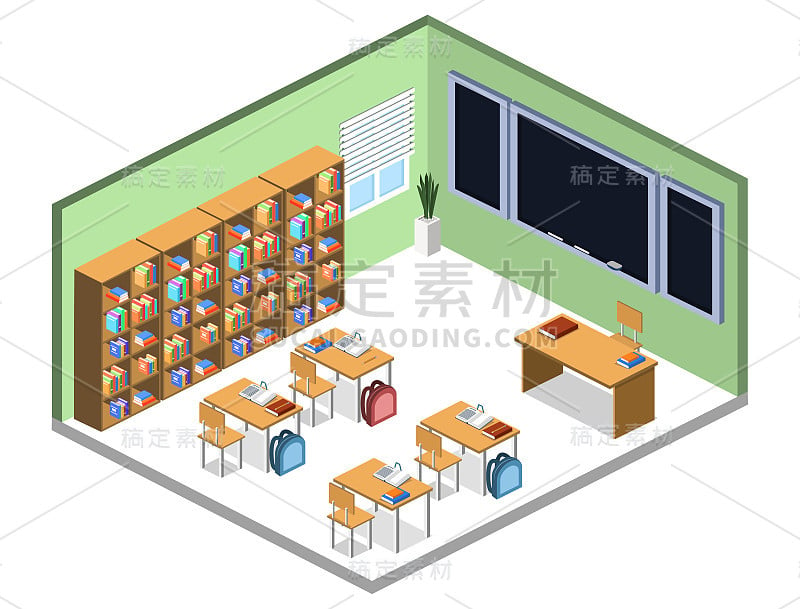 等距三维矢量插图与学生在学校室内课堂