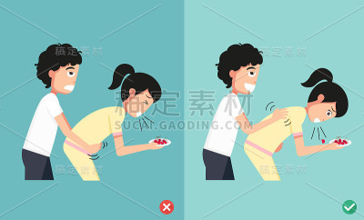 错误和正确的方法急救，男人给窒息的女人，插图