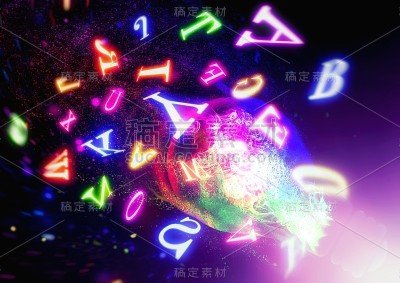 光字母从发光的抽象灯泡飞溅