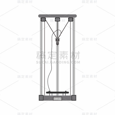 矢量平面Delta 3D打印机组装图标。现代打印机在卡通设计中把元素隔离在白色背景上。增材制造和机器