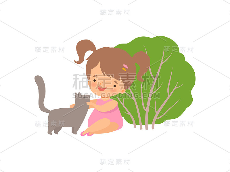 可爱的快乐的女孩玩猫，可爱的小卡通人物有乐趣与她的宠物动物矢量插图