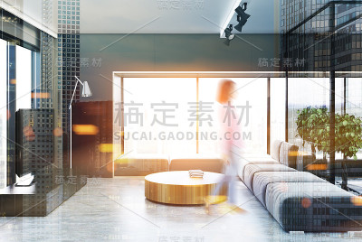 黑色的客厅，模糊的圆桌