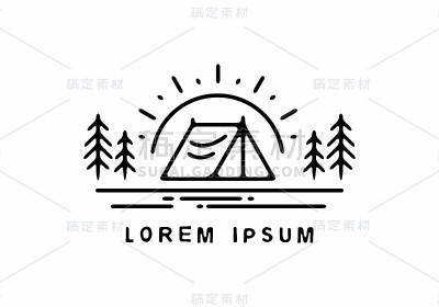 露营帐篷及太阳线艺术插画设计