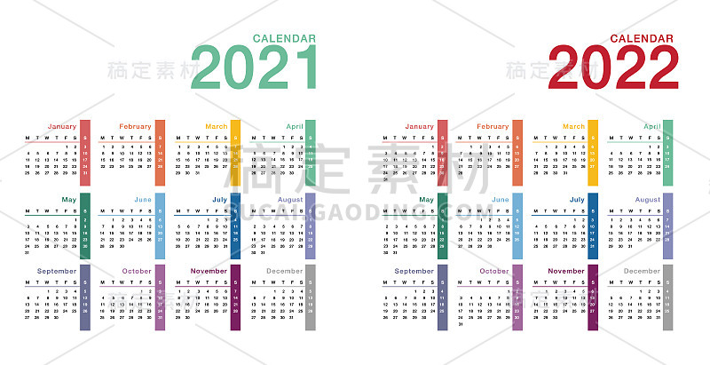 色彩缤纷的2021年和2022年日历水平矢量设计模板，简单而干净的设计。为组织和企业提供2021年和