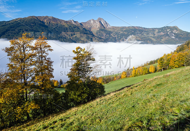 从多尔夫加斯泰因到帕尔辛湖徒步旅行的秋天早晨，宁静而雾蒙蒙的山景，奥地利萨尔茨堡。