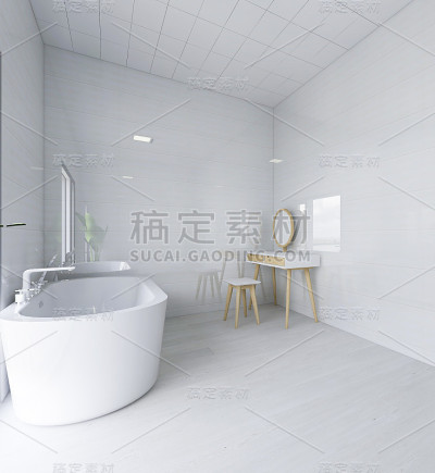 3D效果图，洁净的现代住宅浴室和卫生间设计，配备盥洗台、马桶、浴缸、梳妆台、淋浴设备和绿色植物。