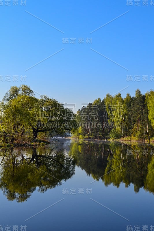 森林和天空倒映在森林湖平静的蓝色水面上。清晨。俯视图