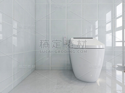 3D渲染，现代住宅洁净浴室设计，配备洗手盆，镜子，马桶，淋浴设备和浴缸，阳光从落地窗照射进来。