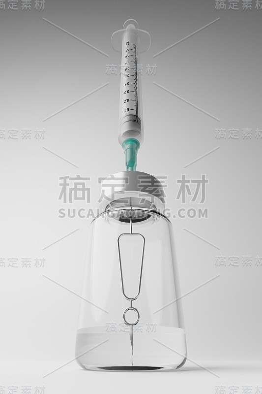 3D渲染Covid-19疫苗注射器，瓶子上有感叹号。问题危险风险警告。疫苗接种运动群体免疫保护概念设