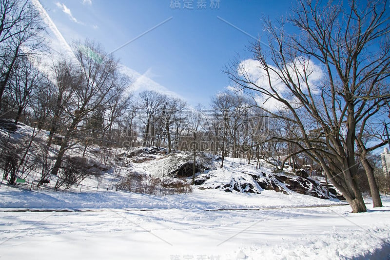 中央公园的雪和蓝天