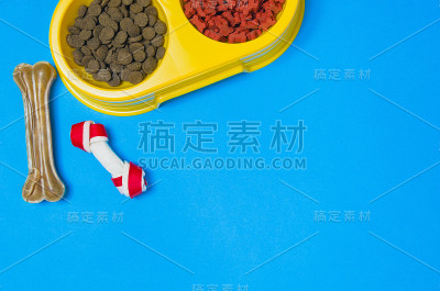 狗粮和配件在蓝色背景俯视图