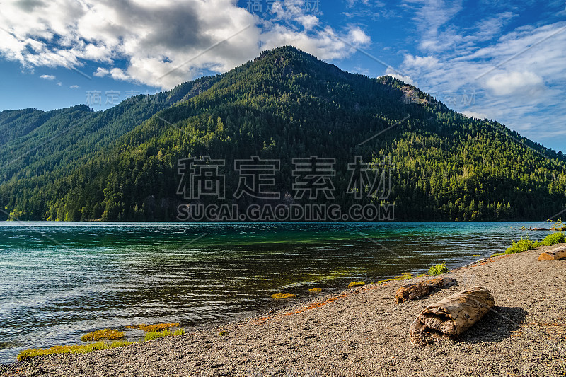 新月湖景观在一个阳光明媚的日子从海滩，奥林匹克国家公园，华盛顿州，美国。