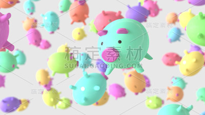 在空旷的空间里漂浮着各种颜色的储蓄罐