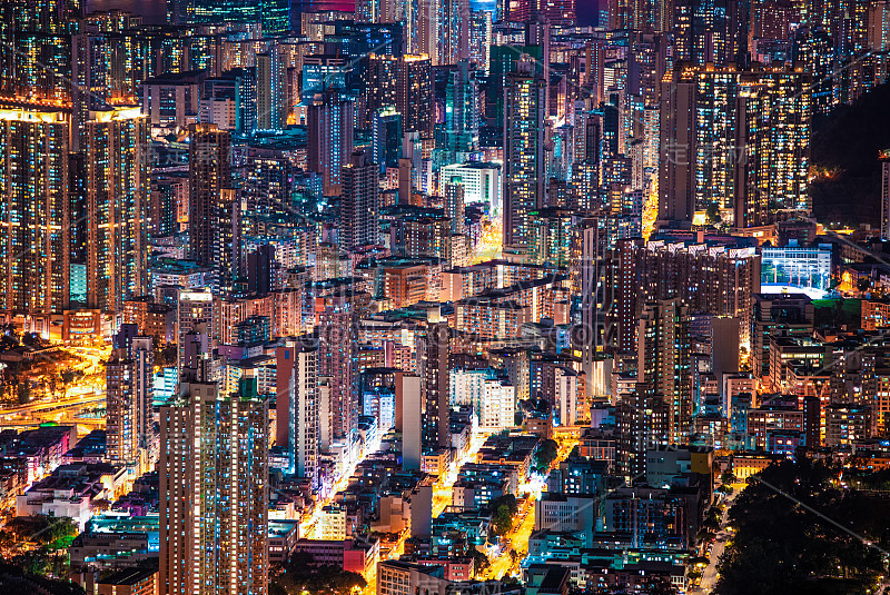 香港夜景，九龙区，从狮子山拍摄。