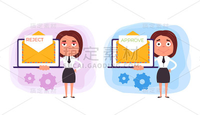 拒绝和批准电子邮件文档的概念。矢量设计平面卡通插图