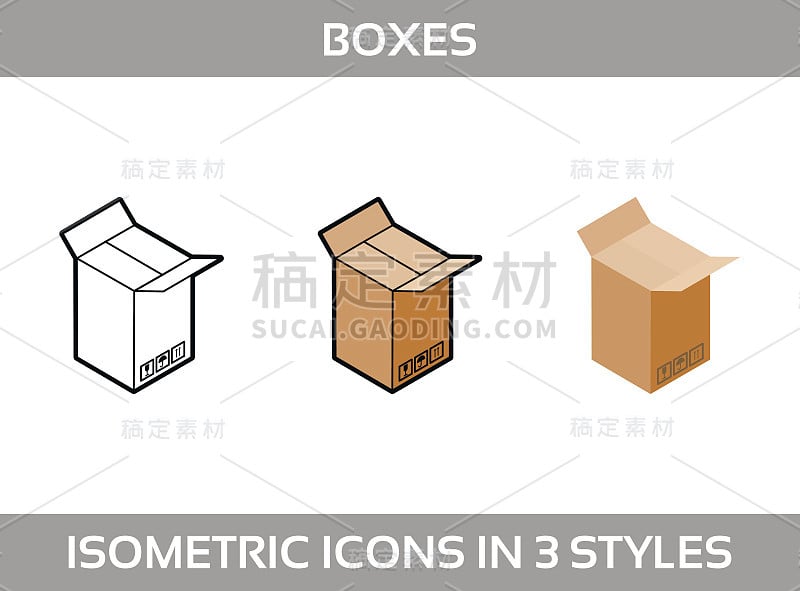 等角纸箱包装盒设置三种风格与邮政标志，这面向上脆弱的矢量插图