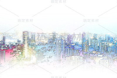抽象建筑以水彩画为背景。城市上的数字插画刷艺术。