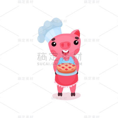可爱微笑的小猪厨师人物拿着新鲜出炉的馅饼，搞笑卡通小猪动物矢量插画