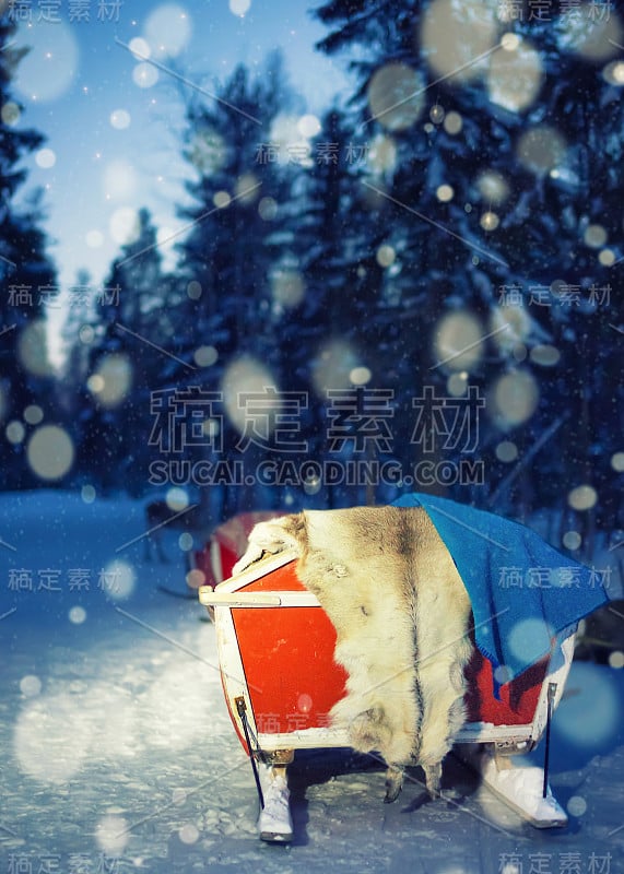 芬兰拉普兰驯鹿农场的雪橇上有夜雪