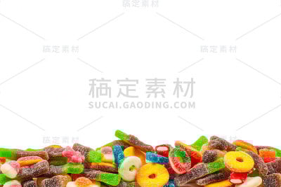各种胶粘的糖果。前视图。果冻糖果。