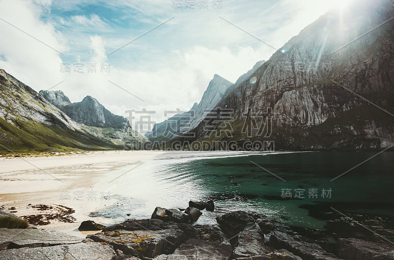 野生海滩马在挪威景观罗浮敦群岛阳光的风景，夏天旅游山斯堪的纳维亚自然