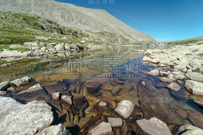 俄罗斯自然野生。美丽的风景，翠绿的湖在山上。湖水清澈碧绿。在阿尔泰共和国旅游。俄罗斯旅游活跃。西伯利