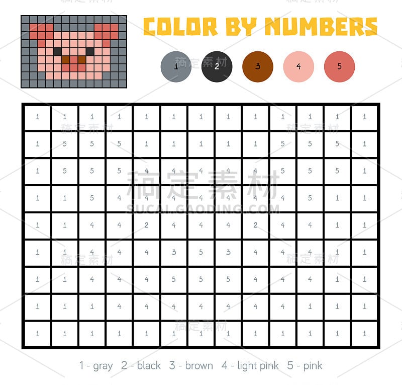 颜色按数字，教育游戏，猪